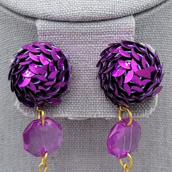 Purple Sequin Teardrop Bead Post Dangle Earrings Gold Tone Length 3 in - Picture 5 of 8